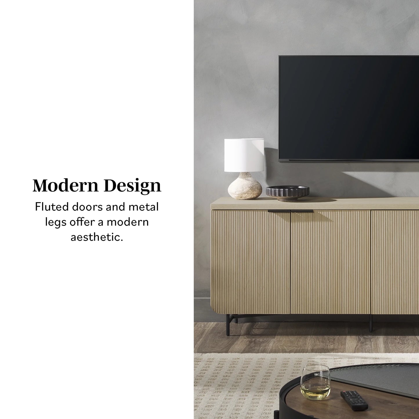 69” Scandinavian 4-Door Reeded-Front TV Stand for Tvs up to 75", Coastal Oak/Black