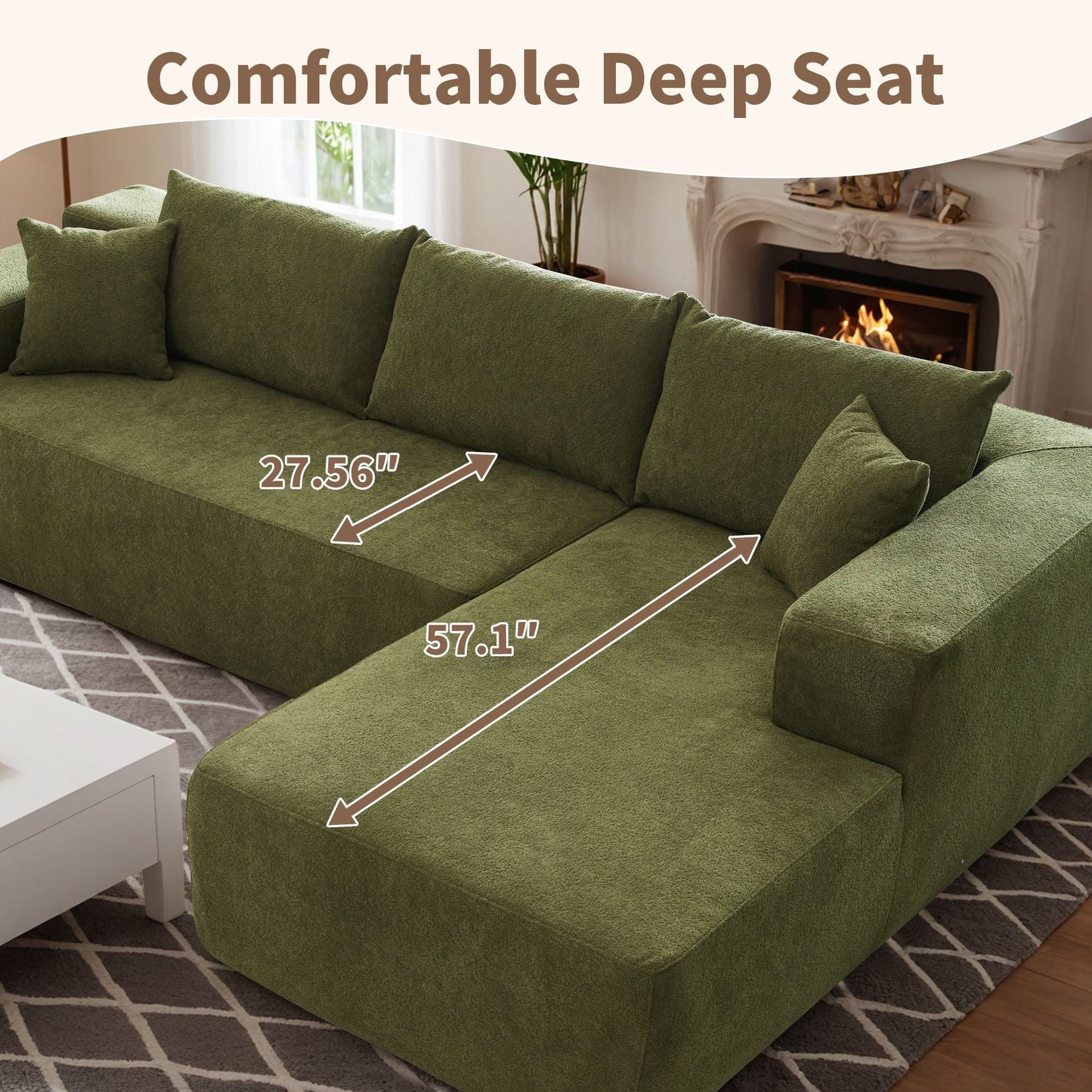 106" Cloud Sectional Couch with L-Shape Chaise Modern Comfy Modular Sherpa Sofa for Living Room, No Assembly Required, Green