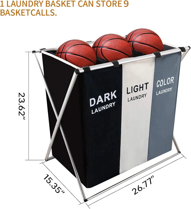 Metal Frame 180L Laundry Hamper Basket 3 Section