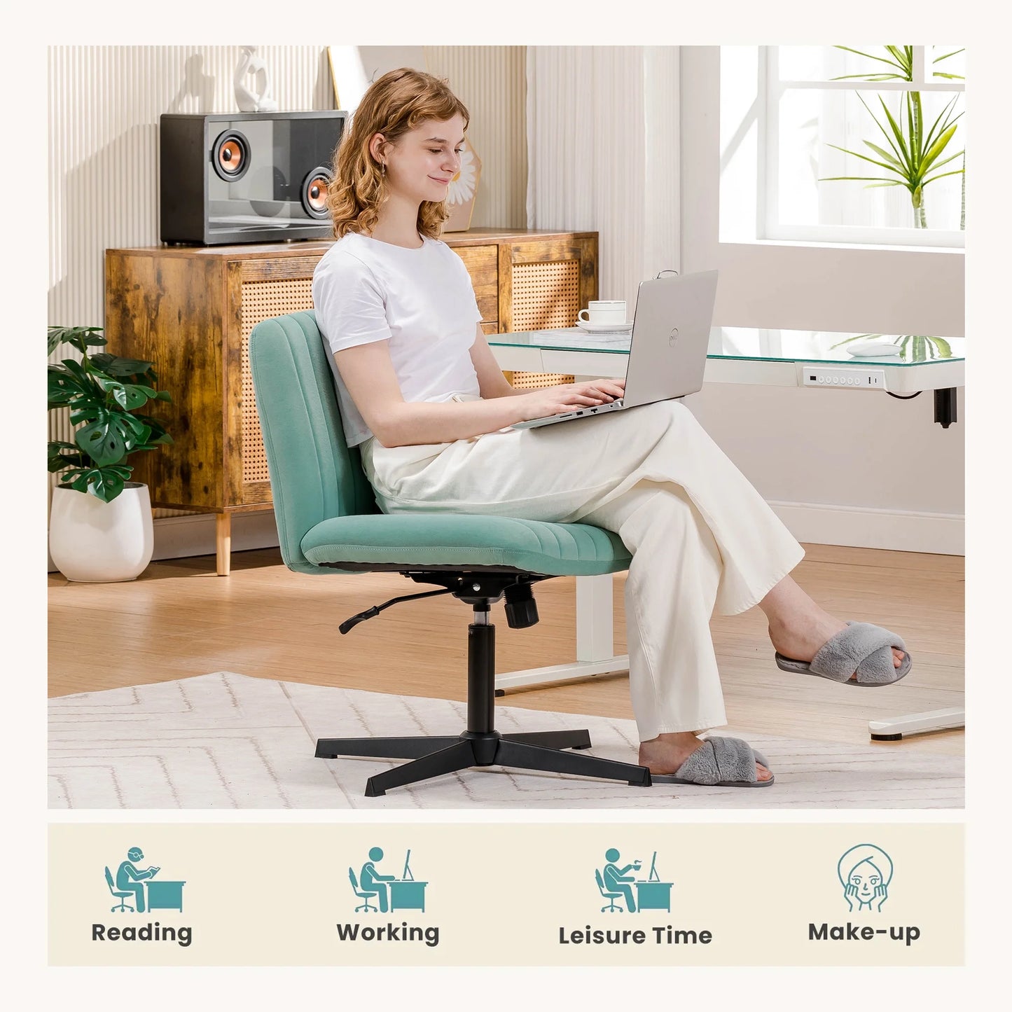 Oversized Wide Seat Channel Upholstered Office Criss-Cross Chair, Velvet Green Sage