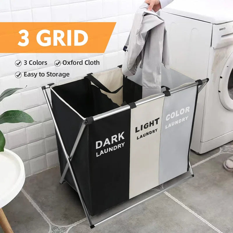 Metal Frame 180L Laundry Hamper Basket 3 Section
