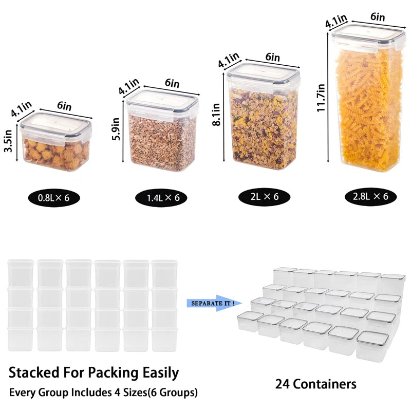 Daleah Stackable Airtight Sealed Food Storage Containers -24 Pieces, Kitchen Organization Set, Free of Bisphenol A, Used for Storage Rooms and Grain Storage
