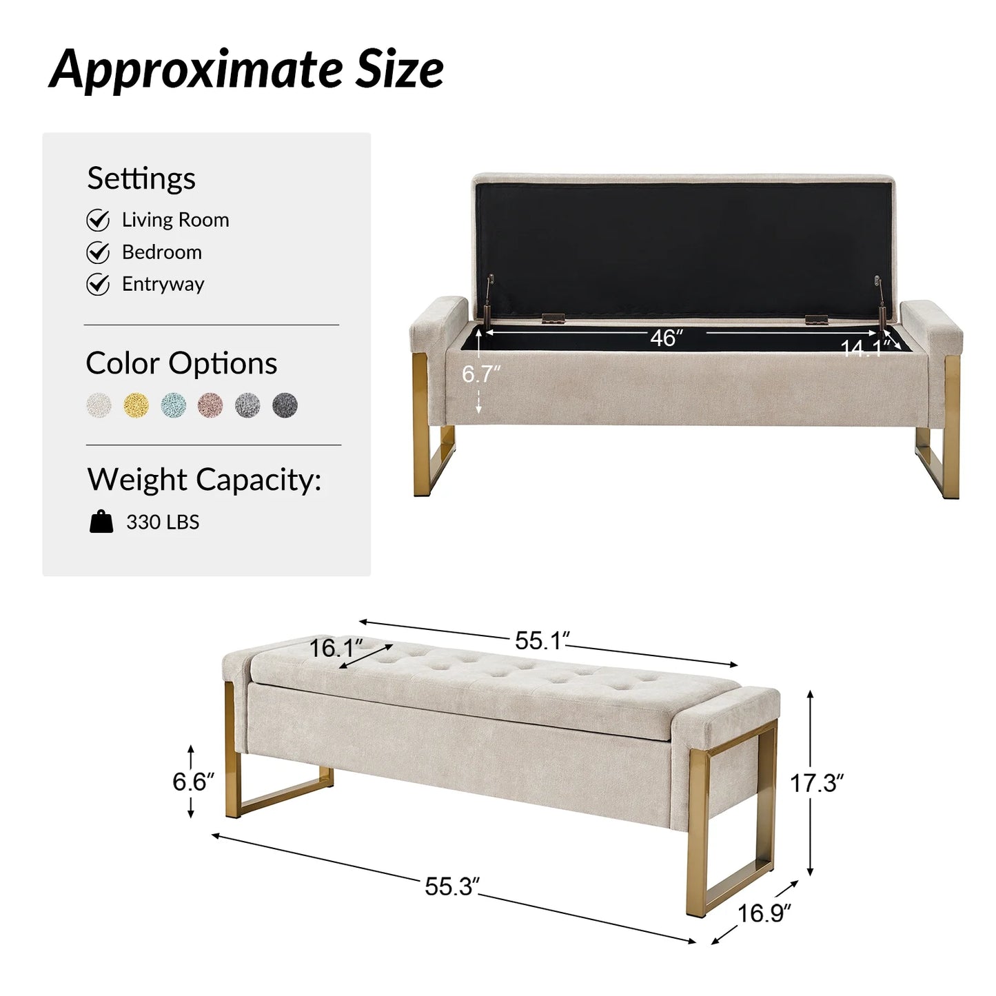 55" Upholstered Bench with Storage End of Bed Bench Entryway Bedroom Beige