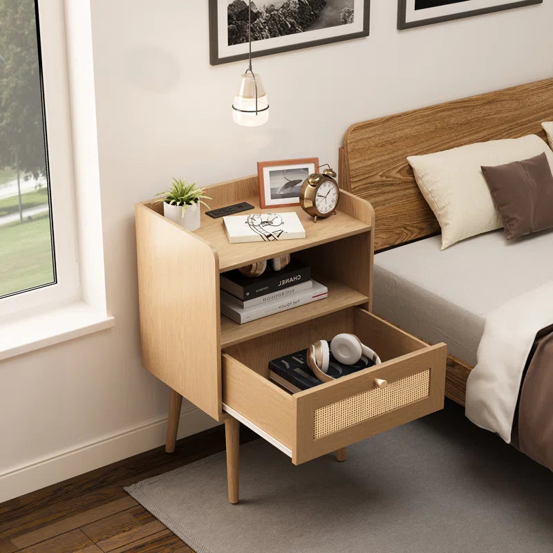 23.6'' Tall Drawer Rattan Nightstand with Charging Station