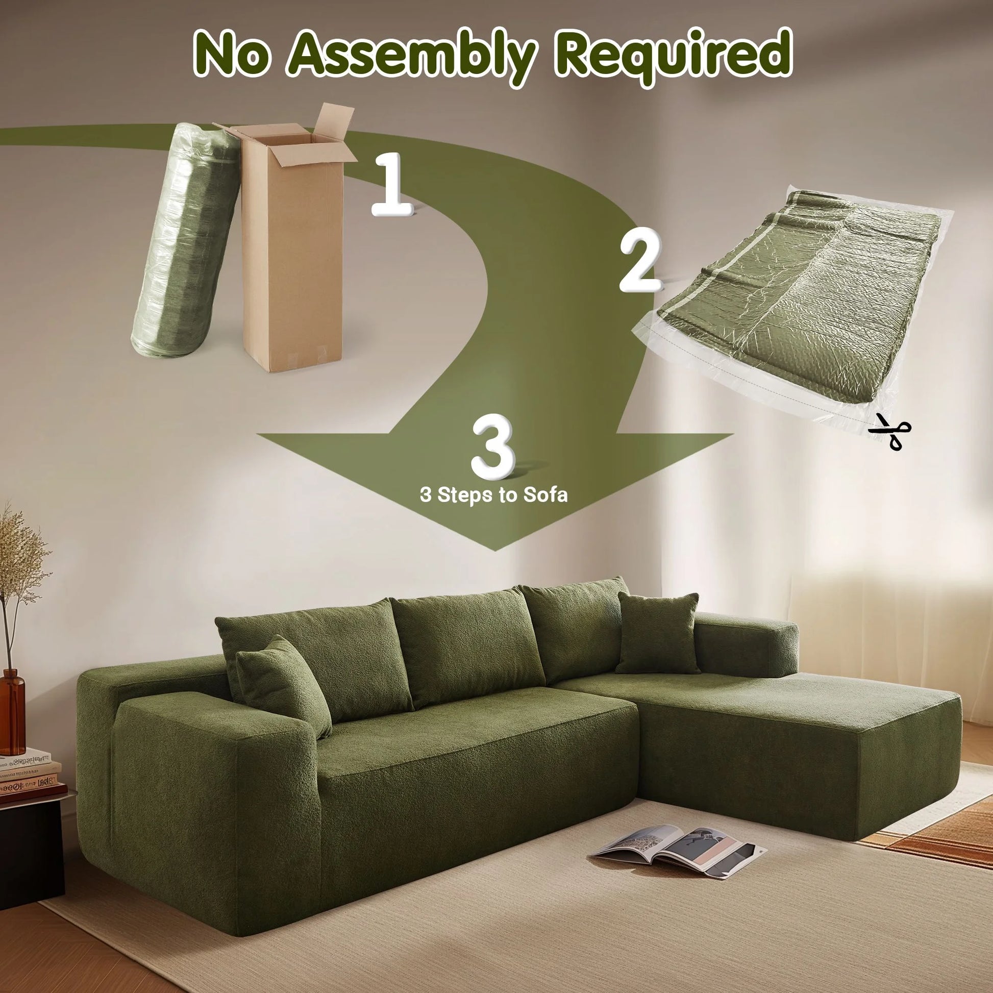 106" Cloud Sectional Couch with L-Shape Chaise Modern Comfy Modular Sherpa Sofa for Living Room, No Assembly Required, Green