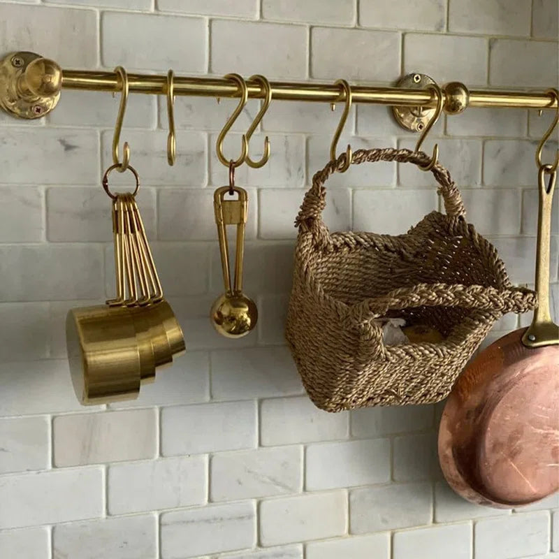 Handmade Unlacquered Brass Storage Rail Rack with Hooks Wall Mounted Organizer Kitchen Pot Rack