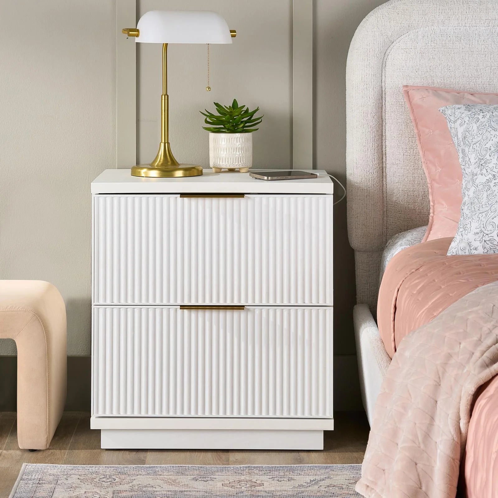 Lillian Fluted 2-Drawer Nightstand with USB, White Finish