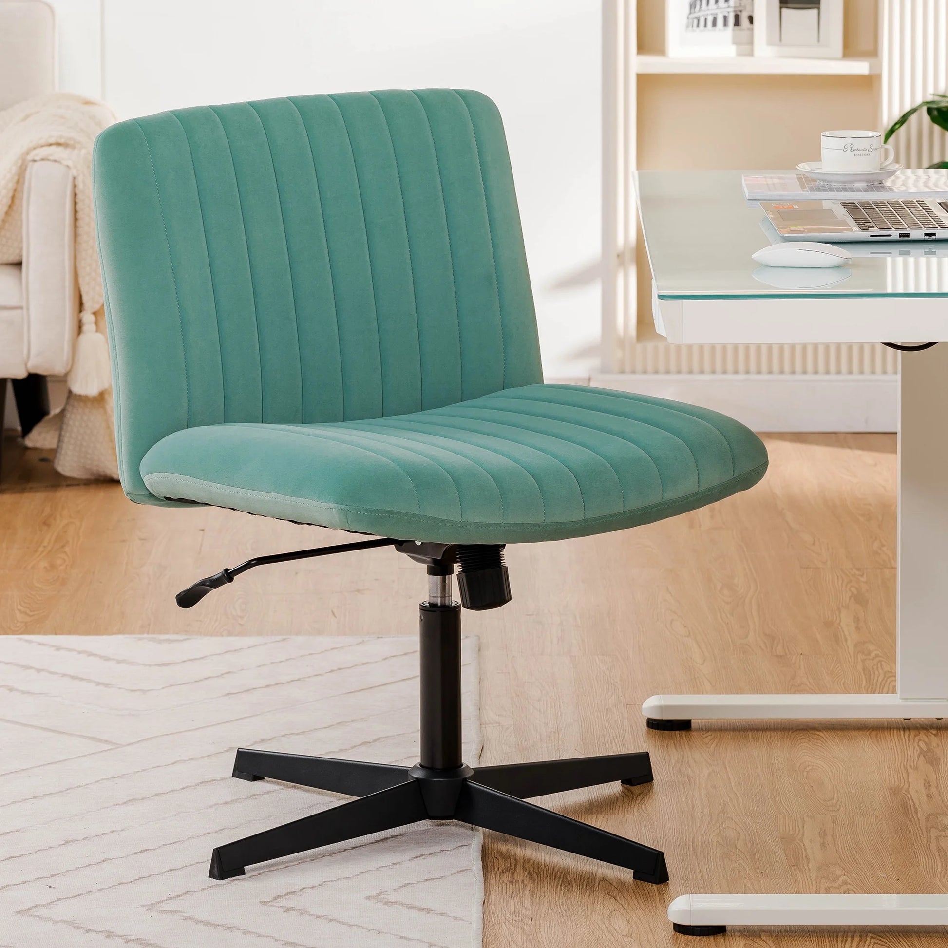 Oversized Wide Seat Channel Upholstered Office Criss-Cross Chair, Velvet Green Sage