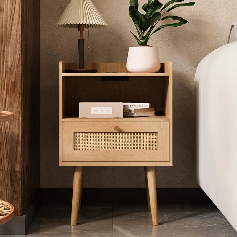 23.6'' Tall Drawer Rattan Nightstand with Charging Station
