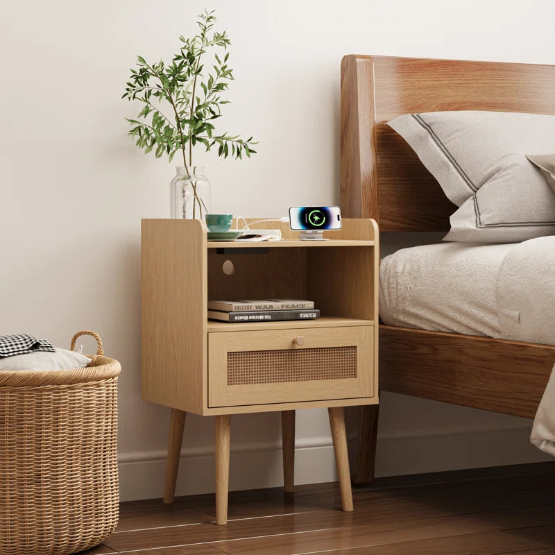 23.6'' Tall Drawer Rattan Nightstand with Charging Station