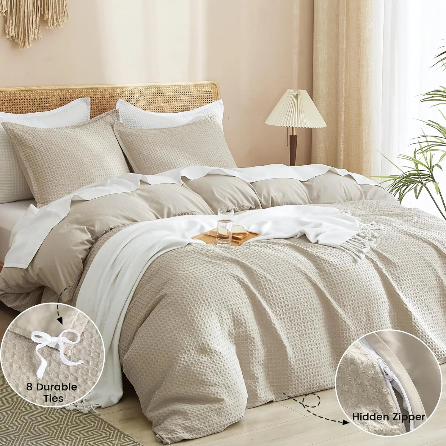 Waffle Duvet Cover Set Queen Size, 3 Pieces Soft Breathable Bedding Comforter Cover for All Seasons, Waffle Textured Duvet Cover with 2 Pillow Shams Bedding Collection, 90"X90", Linen