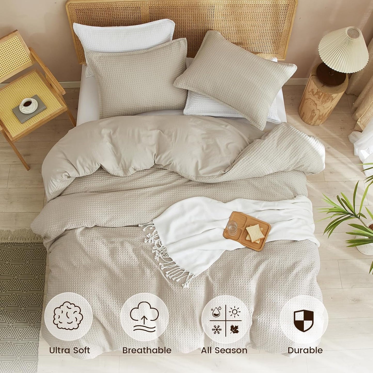 Waffle Duvet Cover Set Queen Size, 3 Pieces Soft Breathable Bedding Comforter Cover for All Seasons, Waffle Textured Duvet Cover with 2 Pillow Shams Bedding Collection, 90"X90", Linen