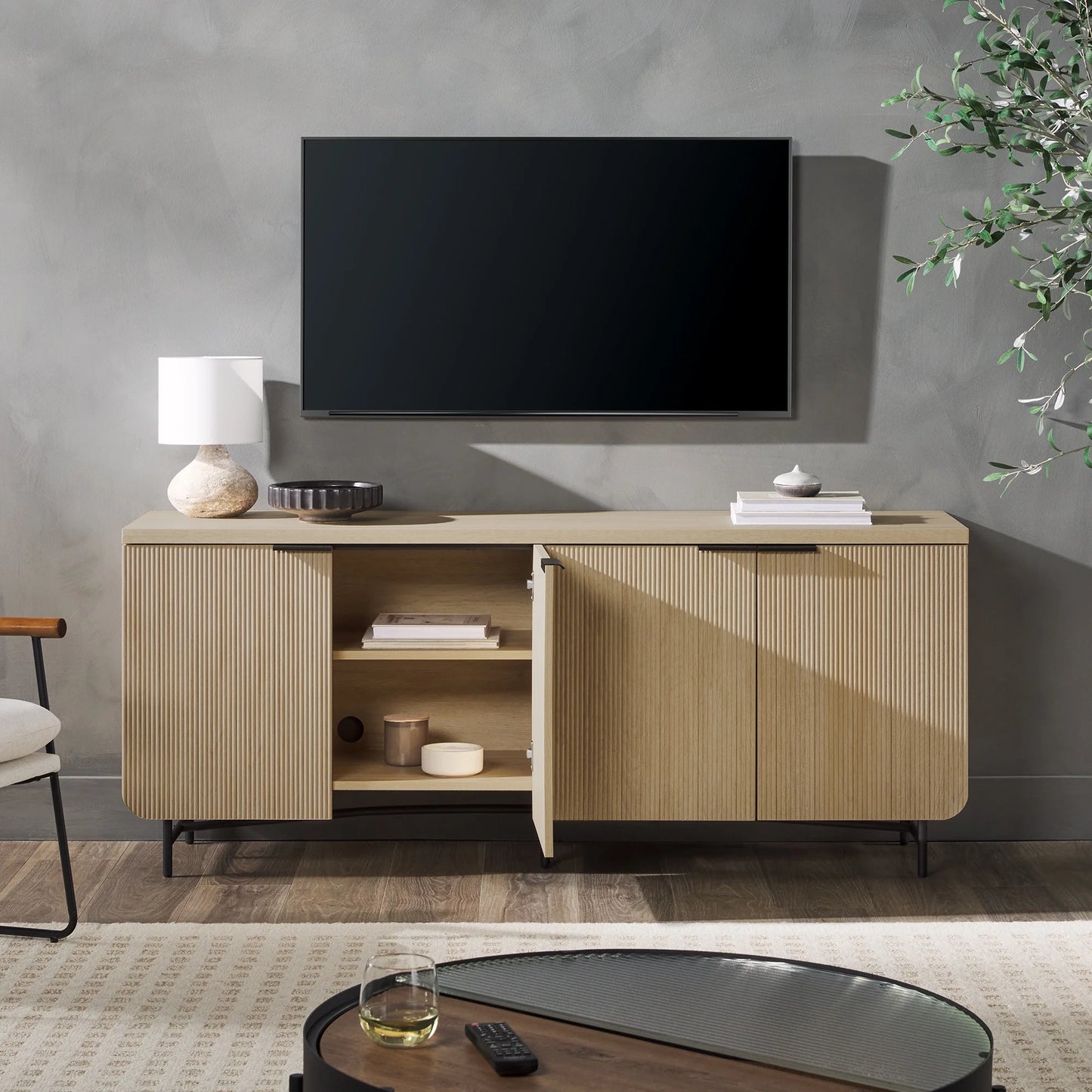 69” Scandinavian 4-Door Reeded-Front TV Stand for Tvs up to 75", Coastal Oak/Black
