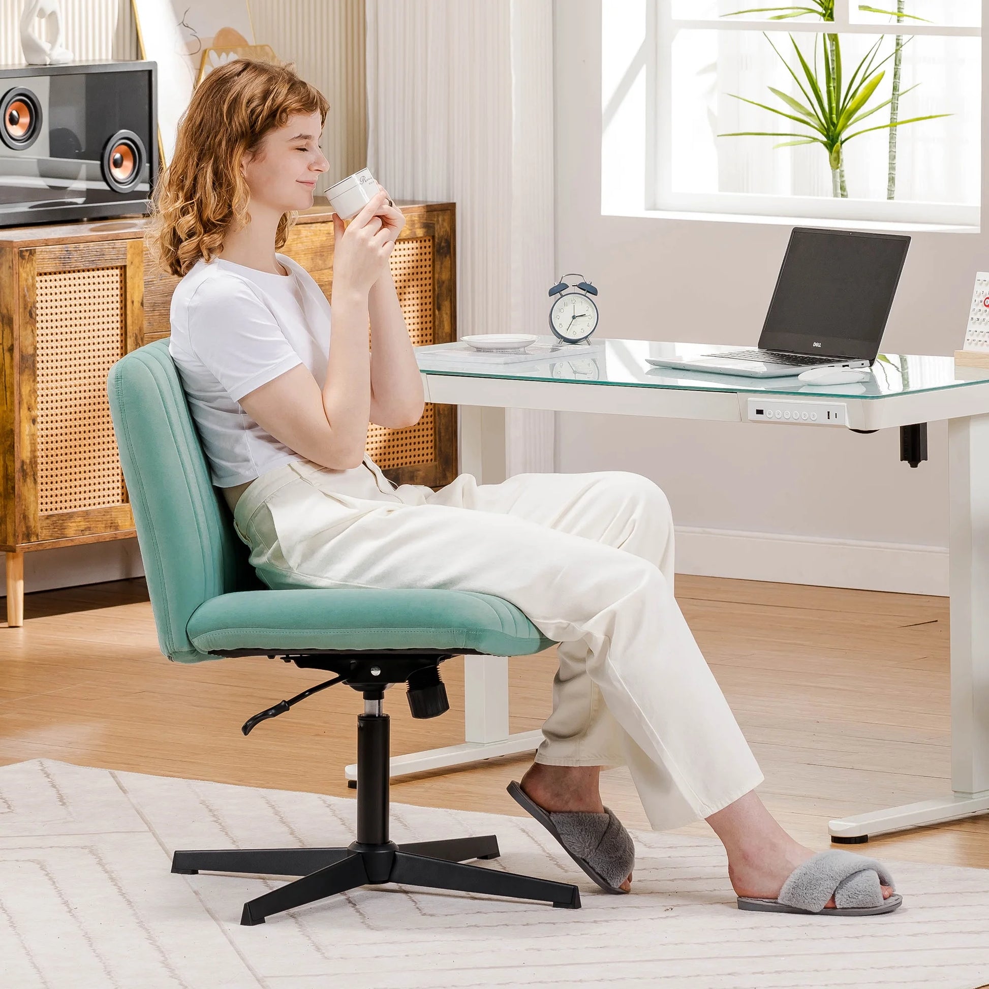 Oversized Wide Seat Channel Upholstered Office Criss-Cross Chair, Velvet Green Sage