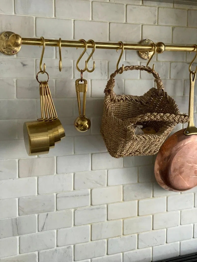 Handmade Unlacquered Brass Storage Rail Rack with Hooks Wall Mounted Organizer Kitchen Pot Rack