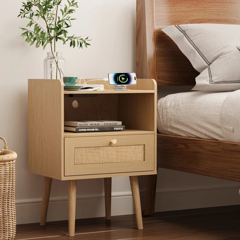23.6'' Tall Drawer Rattan Nightstand with Charging Station