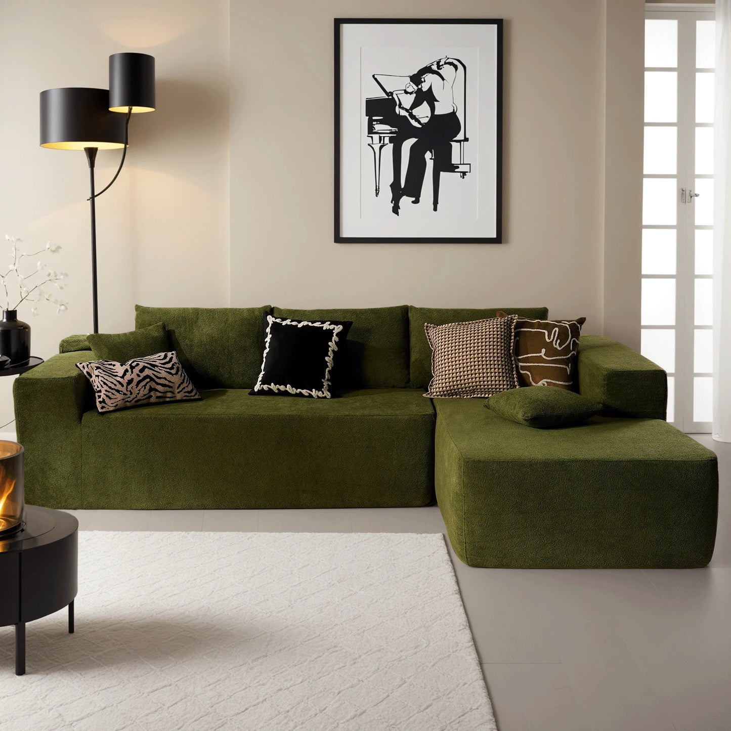 106" Cloud Sectional Couch with L-Shape Chaise Modern Comfy Modular Sherpa Sofa for Living Room, No Assembly Required, Green