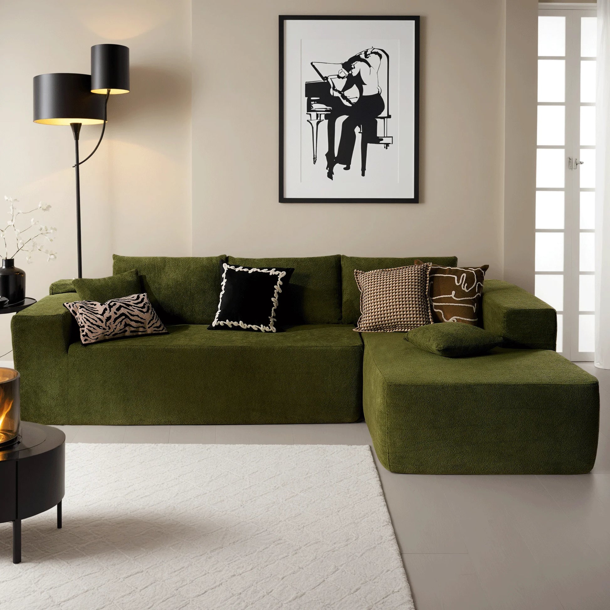 106" Cloud Sectional Couch with L-Shape Chaise Modern Comfy Modular Sherpa Sofa for Living Room, No Assembly Required, Green