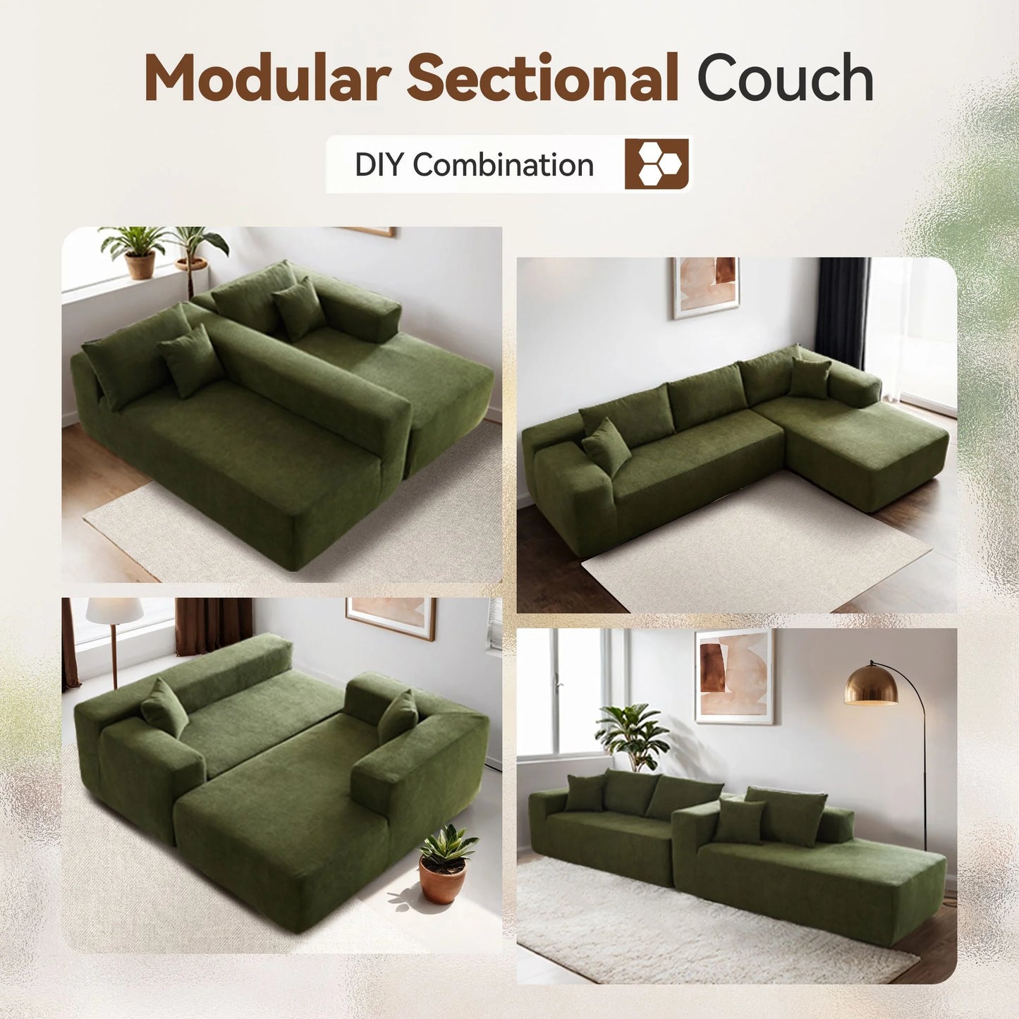 106" Cloud Sectional Couch with L-Shape Chaise Modern Comfy Modular Sherpa Sofa for Living Room, No Assembly Required, Green