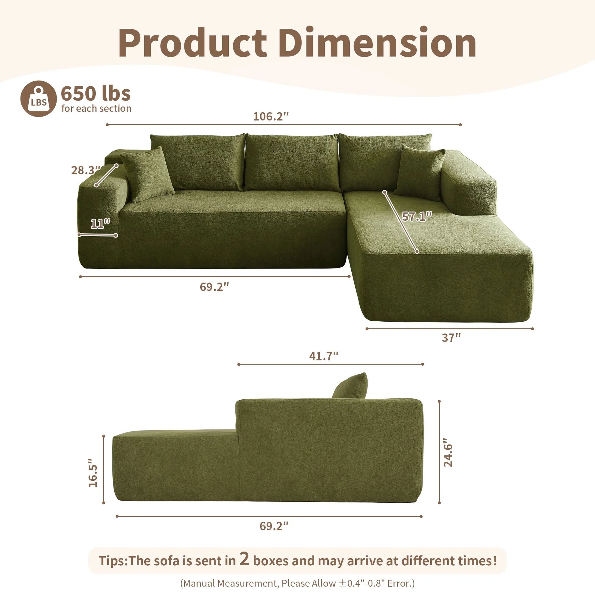 106" Cloud Sectional Couch with L-Shape Chaise Modern Comfy Modular Sherpa Sofa for Living Room, No Assembly Required, Green