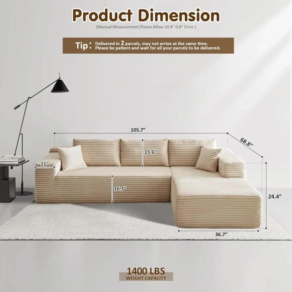 104" Cloud Sectional Couch with L-Shape Chaise,Modern Modular Sofa with Deep Seat, Upholstered Couches for Living Room Bedroom, Black