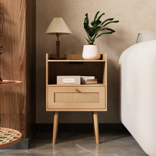 23.6'' Tall Drawer Rattan Nightstand with Charging Station