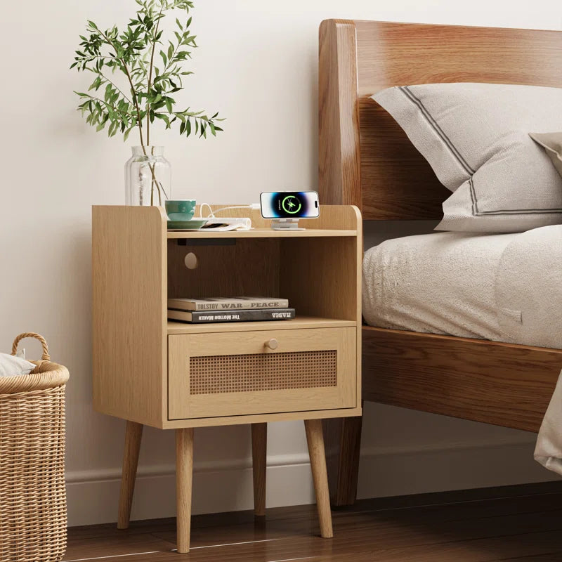 23.6'' Tall Drawer Rattan Nightstand with Charging Station