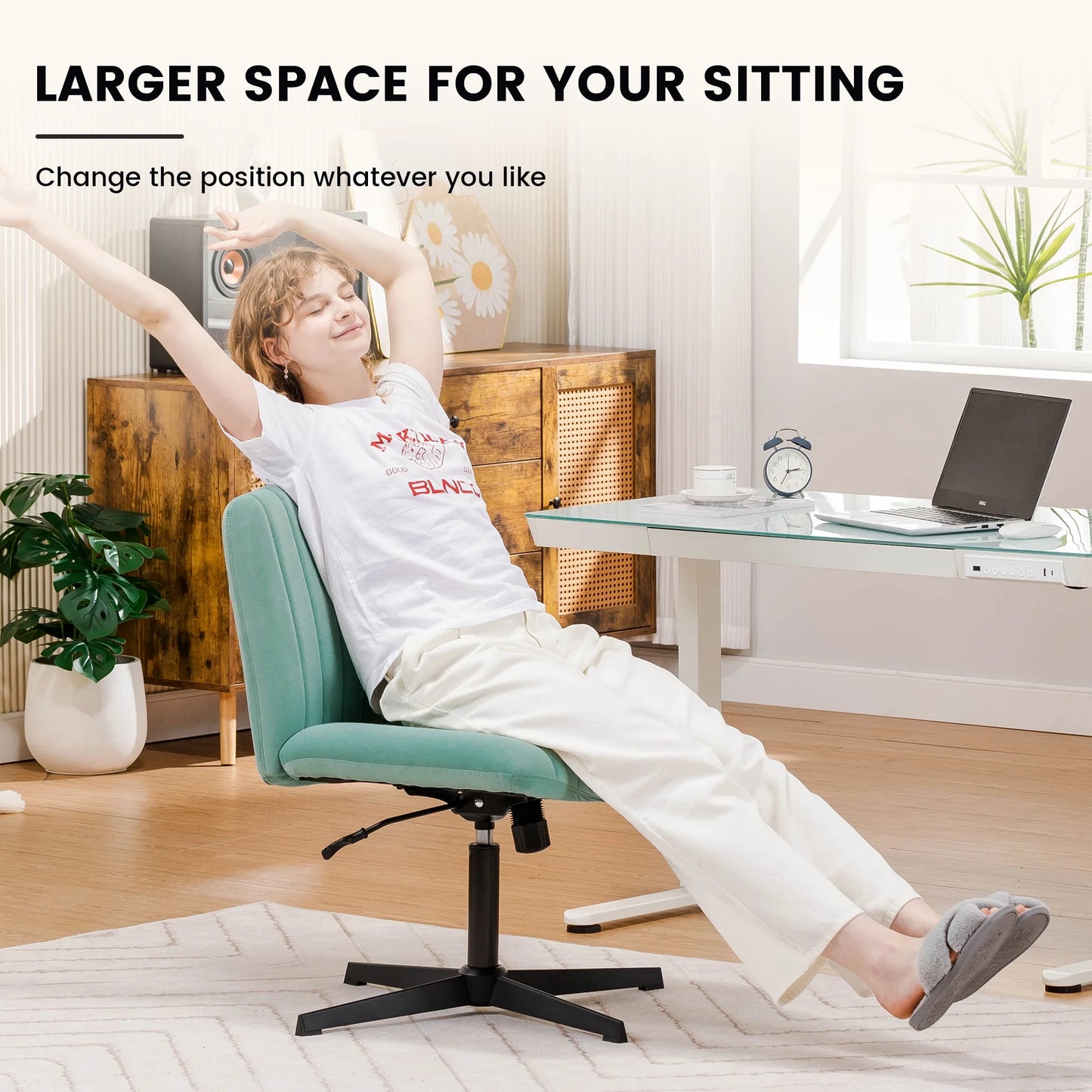 Oversized Wide Seat Channel Upholstered Office Criss-Cross Chair, Velvet Green Sage