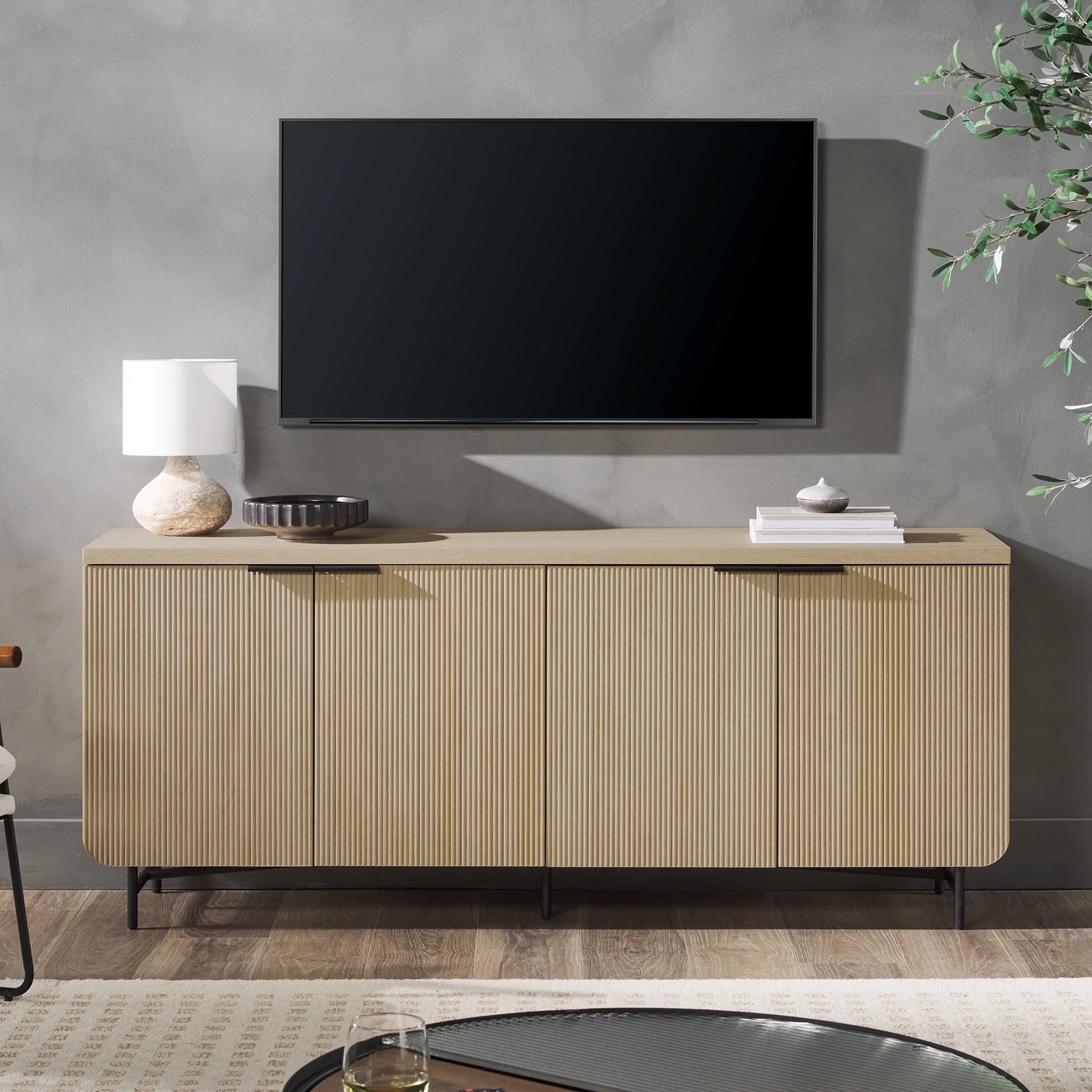 69” Scandinavian 4-Door Reeded-Front TV Stand for Tvs up to 75", Coastal Oak/Black
