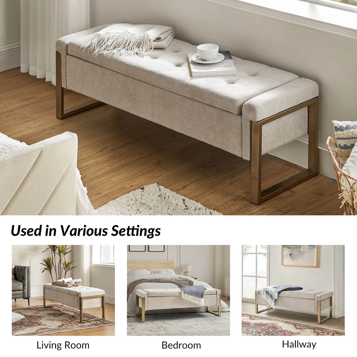 55" Upholstered Bench with Storage End of Bed Bench Entryway Bedroom Beige