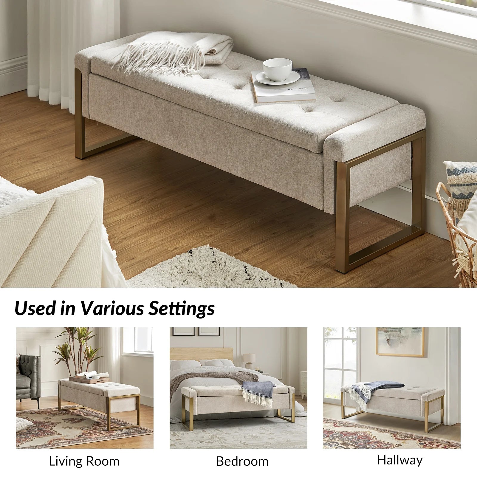 55" Upholstered Bench with Storage End of Bed Bench Entryway Bedroom Beige