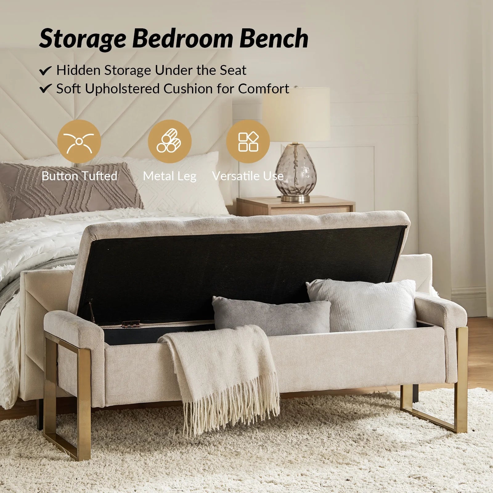 55" Upholstered Bench with Storage End of Bed Bench Entryway Bedroom Beige