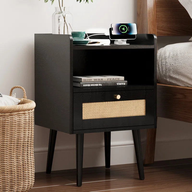 23.6'' Tall Drawer Rattan Nightstand with Charging Station