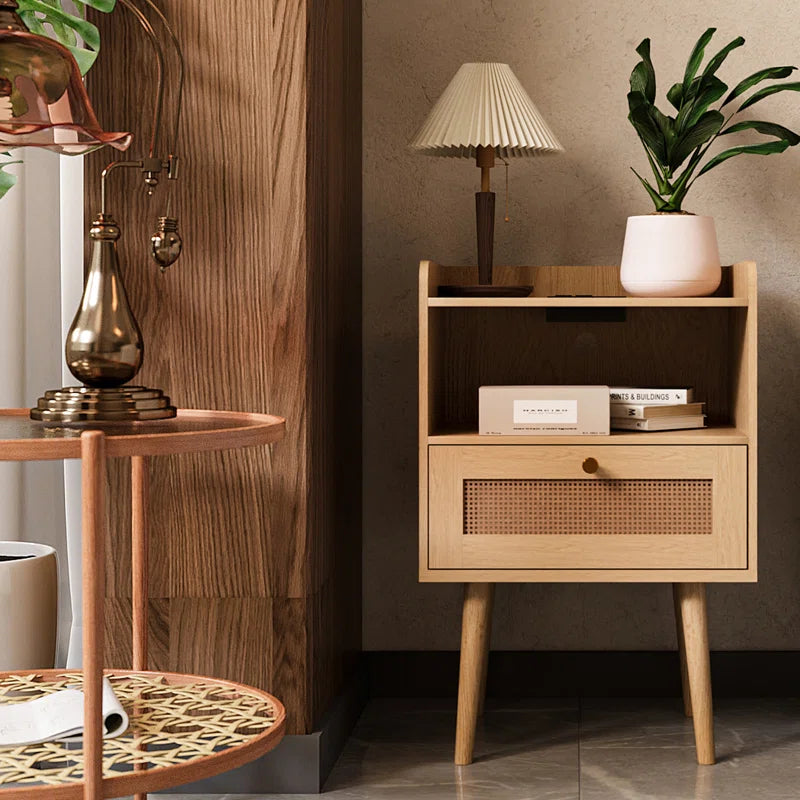 23.6'' Tall Drawer Rattan Nightstand with Charging Station