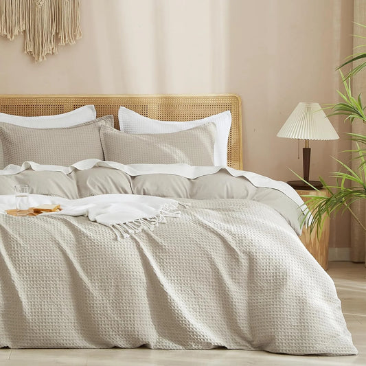 Waffle Duvet Cover Set Queen Size, 3 Pieces Soft Breathable Bedding Comforter Cover for All Seasons, Waffle Textured Duvet Cover with 2 Pillow Shams Bedding Collection, 90"X90", Linen