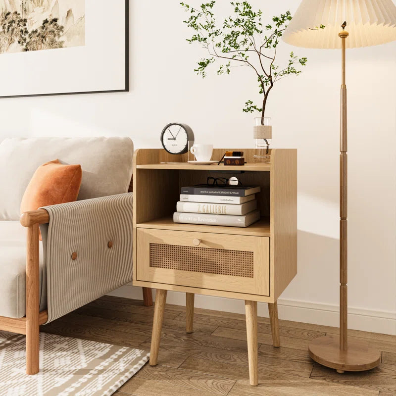 23.6'' Tall Drawer Rattan Nightstand with Charging Station