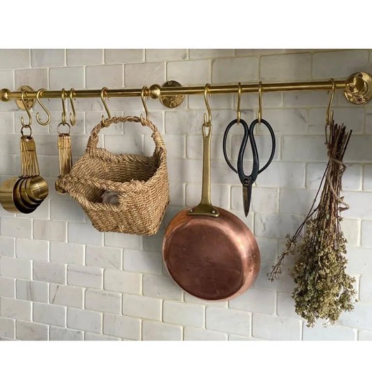 Handmade Unlacquered Brass Storage Rail Rack with Hooks Wall Mounted Organizer Kitchen Pot Rack