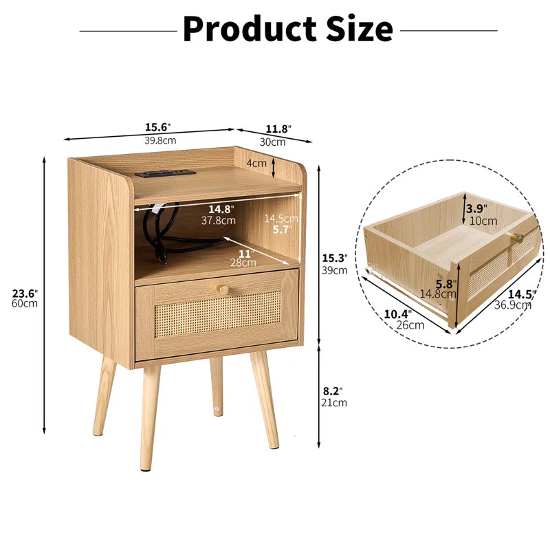 23.6'' Tall Drawer Rattan Nightstand with Charging Station