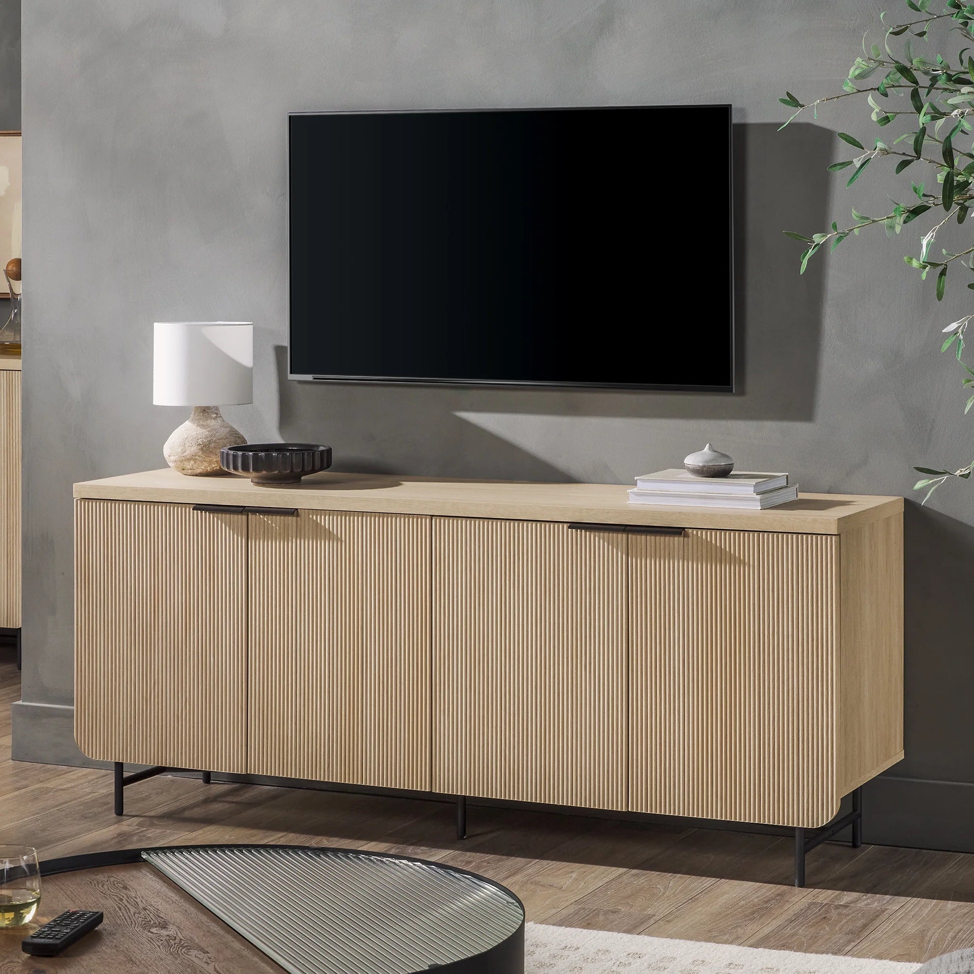 69” Scandinavian 4-Door Reeded-Front TV Stand for Tvs up to 75", Coastal Oak/Black