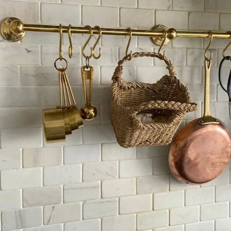 Handmade Unlacquered Brass Storage Rail Rack with Hooks Wall Mounted Organizer Kitchen Pot Rack