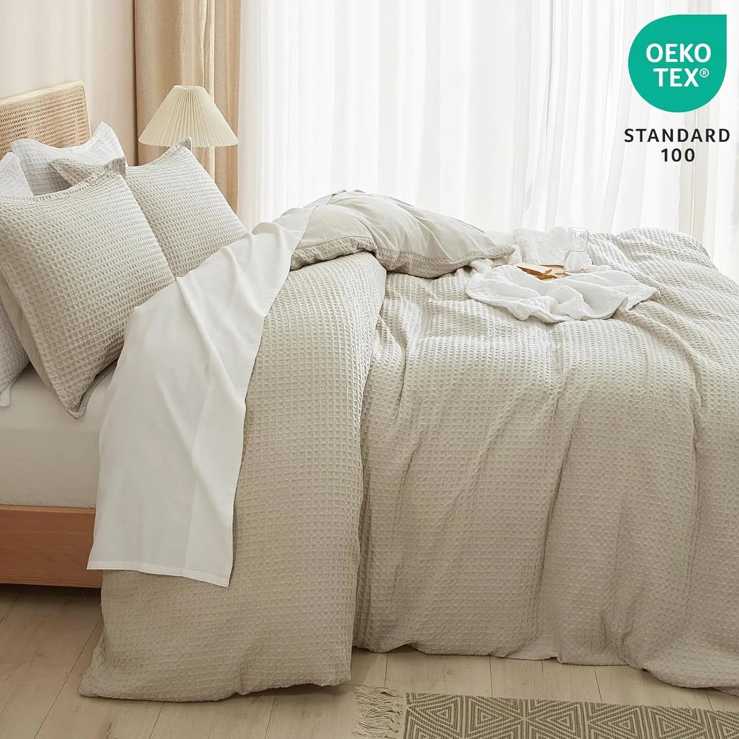 Waffle Duvet Cover Set Queen Size, 3 Pieces Soft Breathable Bedding Comforter Cover for All Seasons, Waffle Textured Duvet Cover with 2 Pillow Shams Bedding Collection, 90"X90", Linen
