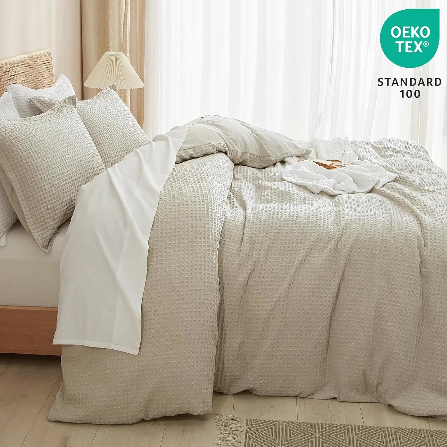 Waffle Duvet Cover Set Queen Size, 3 Pieces Soft Breathable Bedding Comforter Cover for All Seasons, Waffle Textured Duvet Cover with 2 Pillow Shams Bedding Collection, 90"X90", Linen